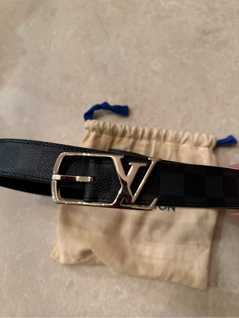 Authentic Louis Vuitton Black Damier Leather Belt with Silver LV Buckle 90/36